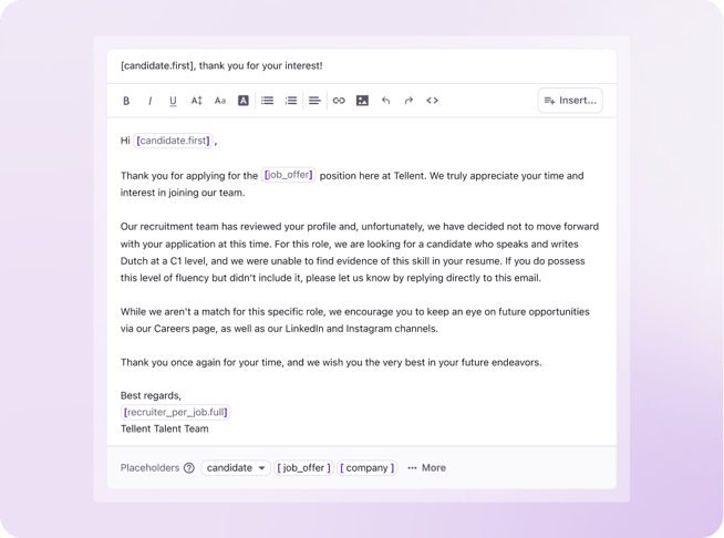 An example of a personalized rejection email sent at scale via Tellent Recruitee