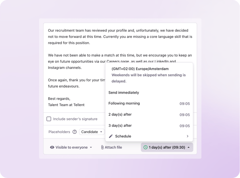 A screenshot of The send delay options available when configuring an automated rejection email in Tellent Recruitee