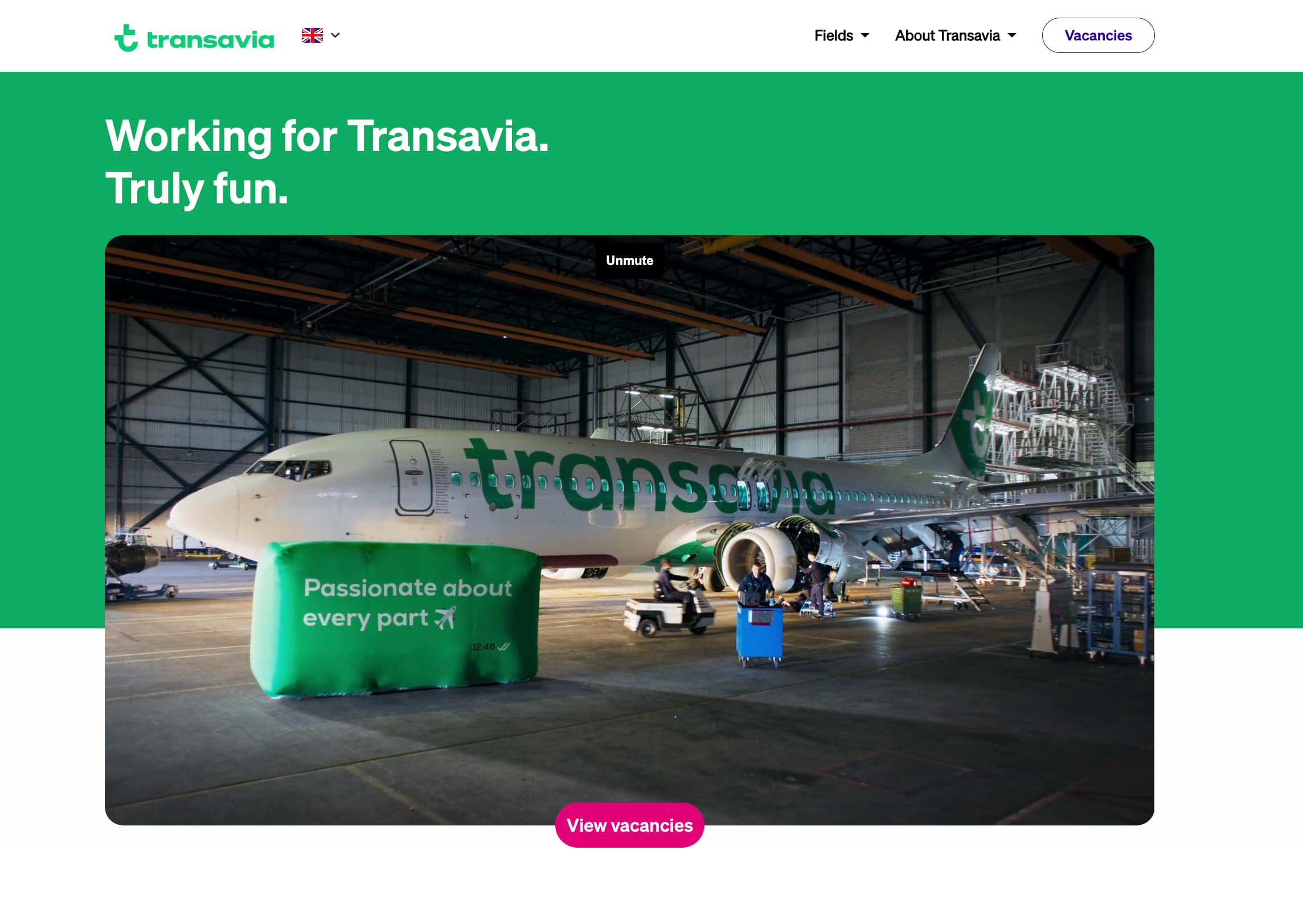Transavia career page showing employee stories and job search filters by department and location