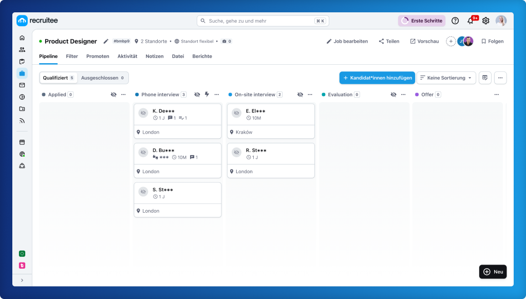 Screenshot der Software Recruitee mit anonymisierten Bewerbenden.